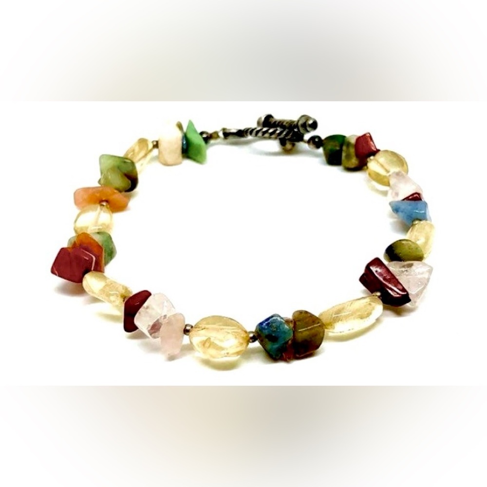 Vintage Yellow Quartz Jasper Multi Stone .925 Sterling Silver SS Toggle Bracelet